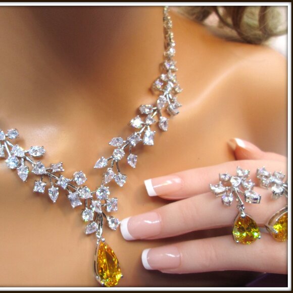 Citrine pear cut gemstone ladies Necklace Earrings Set For Brides party Weddings - Picture 6 of 8